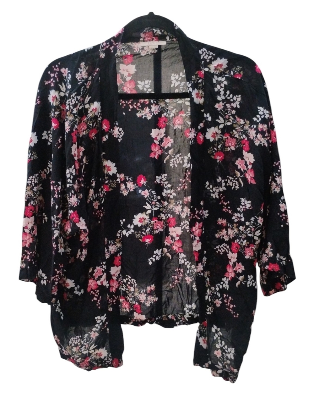 LOFT Black Sheer Floral Kimono Cardigan Pink & White Blooms SZ XS